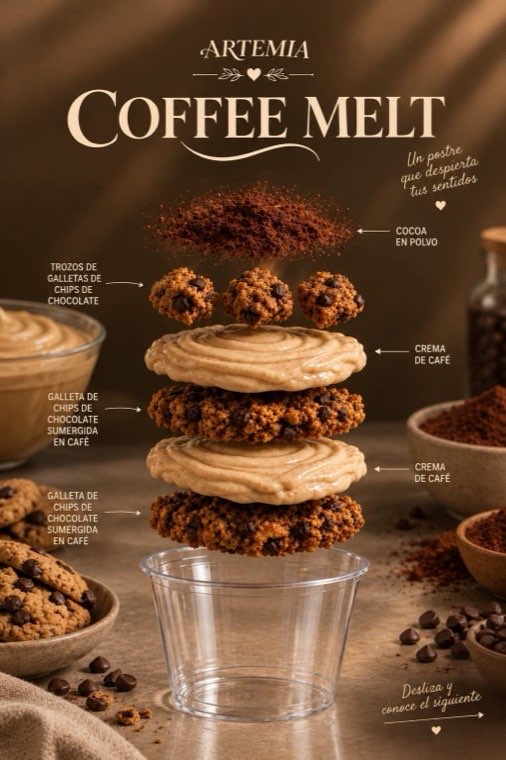 Coffee Melt de ARTEMIA: crema de café, galleta de chips de chocolate sumergida en café y cocoa en polvo