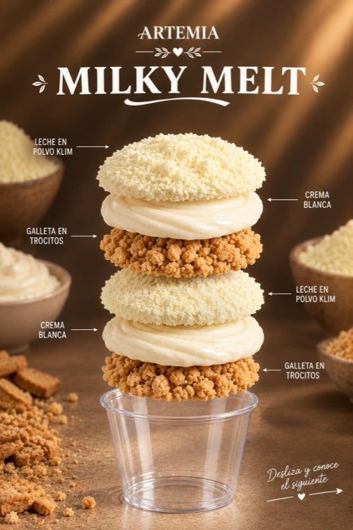 Milky Melt de ARTEMIA: crema blanca, galleta en trocitos y leche en polvo Klim